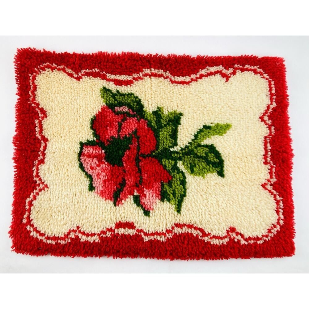 Vintage Latch Hook Rug Red Rose Flower Completed Finished 70s 80s Wall Hanging